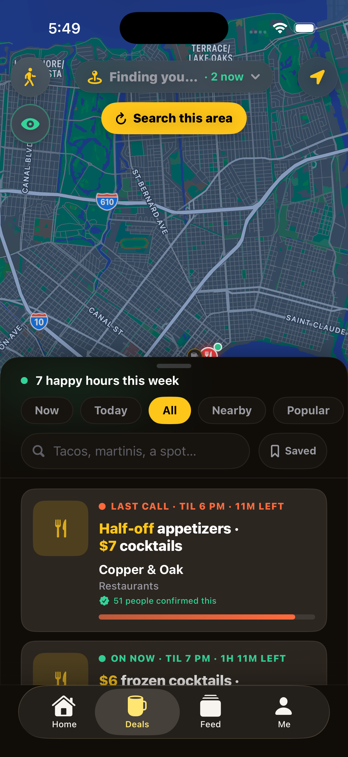 Happy hours near you on a map, each showing its price, a countdown, and how many people confirmed it